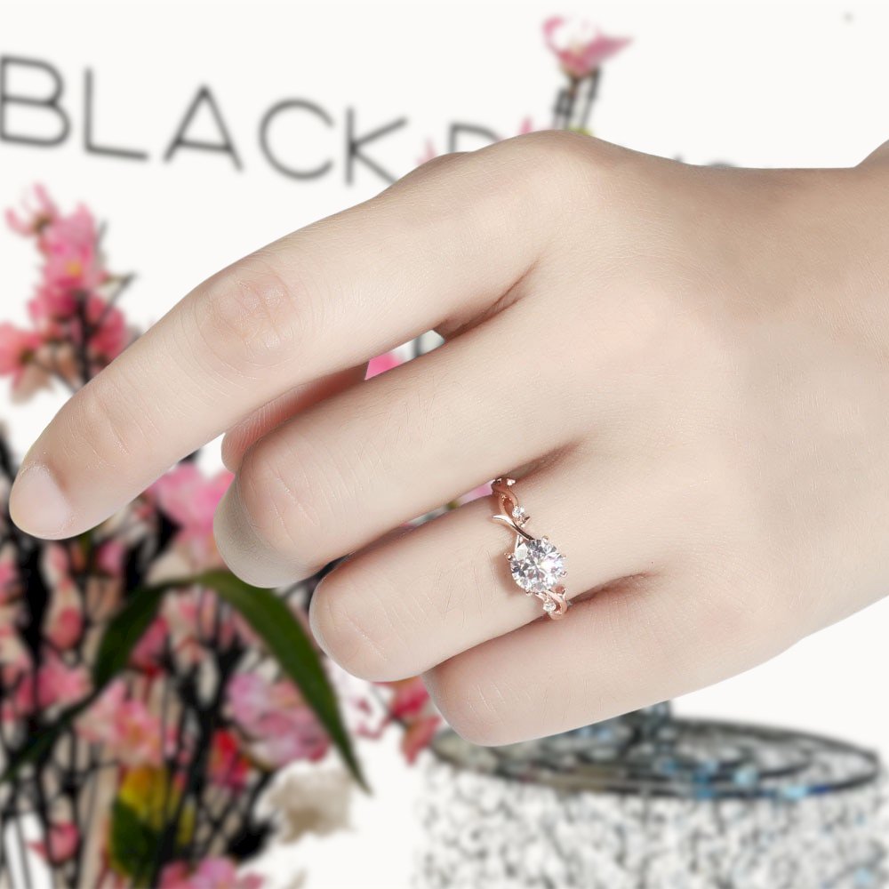 18K Rose Gold 1ct 6.5mm D Color Moissanite Art Deco Engagement Ring - Black Diamonds New York