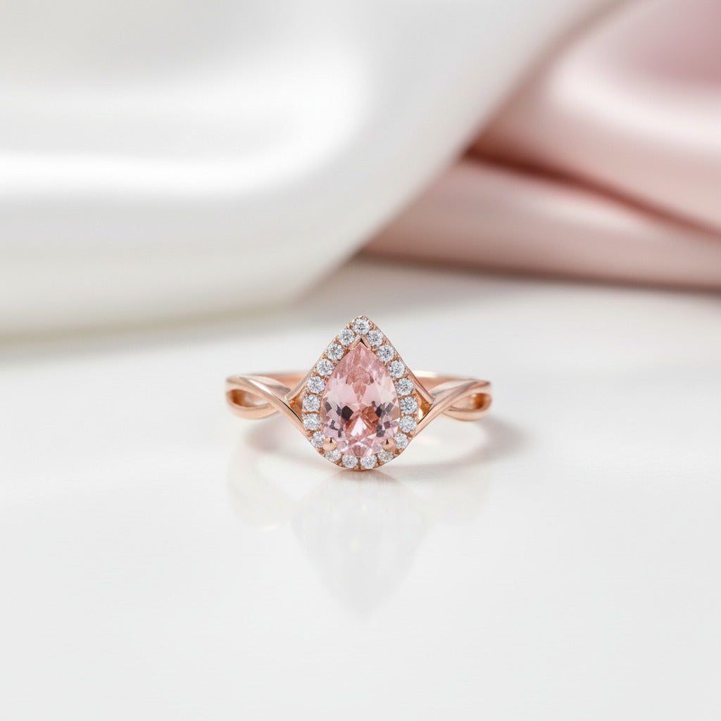 18k Rose Gold 6*8mm Pear Cut Morganite Engagement Ring-Black Diamonds New York