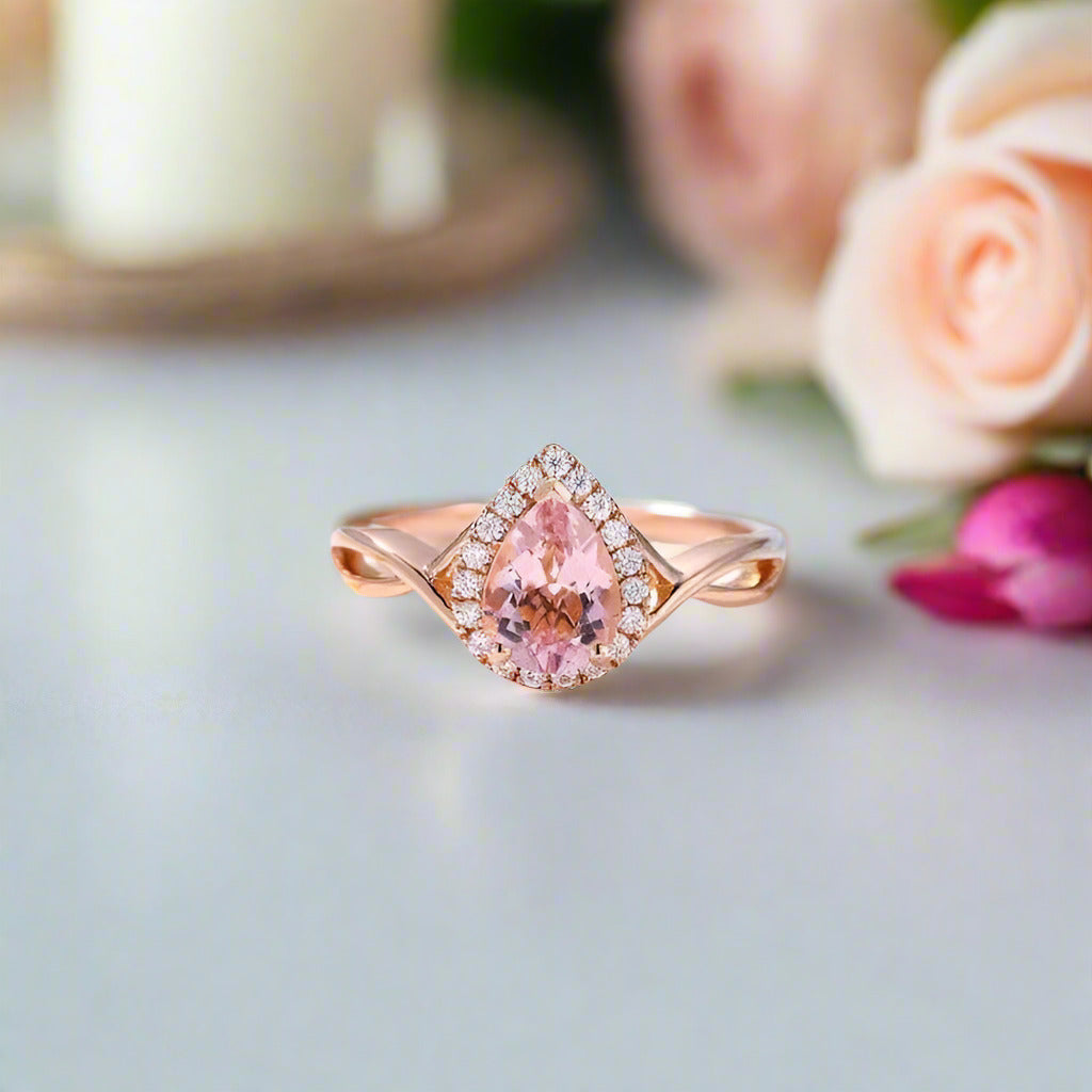 18k Rose Gold 6*8mm Pear Cut Morganite Engagement Ring-Black Diamonds New York