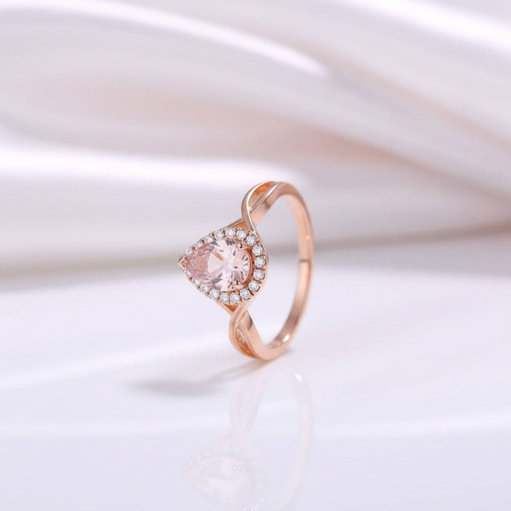 18k Rose Gold 6*8mm Pear Cut Morganite Engagement Ring-Black Diamonds New York