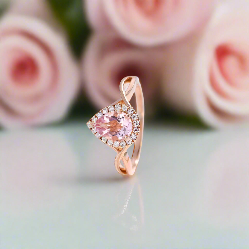 18k Rose Gold 6*8mm Pear Cut Morganite Engagement Ring-Black Diamonds New York