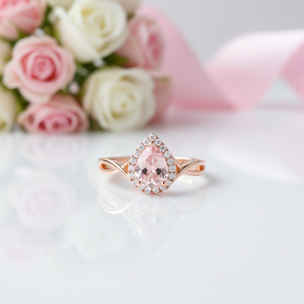 18k Rose Gold 6*8mm Pear Cut Morganite Engagement Ring-Black Diamonds New York