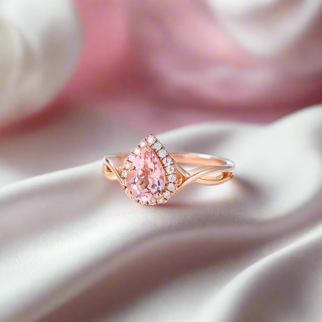 18k Rose Gold 6*8mm Pear Cut Morganite Engagement Ring-Black Diamonds New York