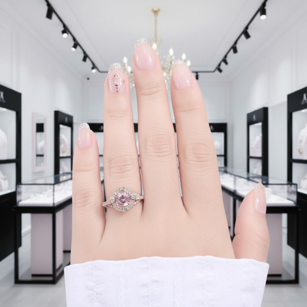 18k Rose Gold Center 6.5mm Morganite Milgrain Halo Engagement-Black Diamonds New York