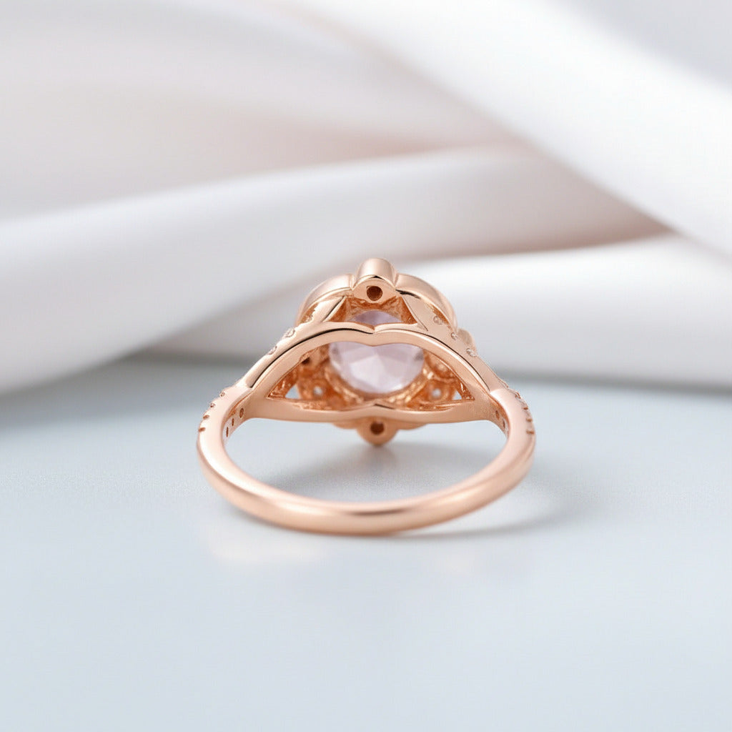 18k Rose Gold Center 6.5mm Morganite Milgrain Halo Engagement-Black Diamonds New York