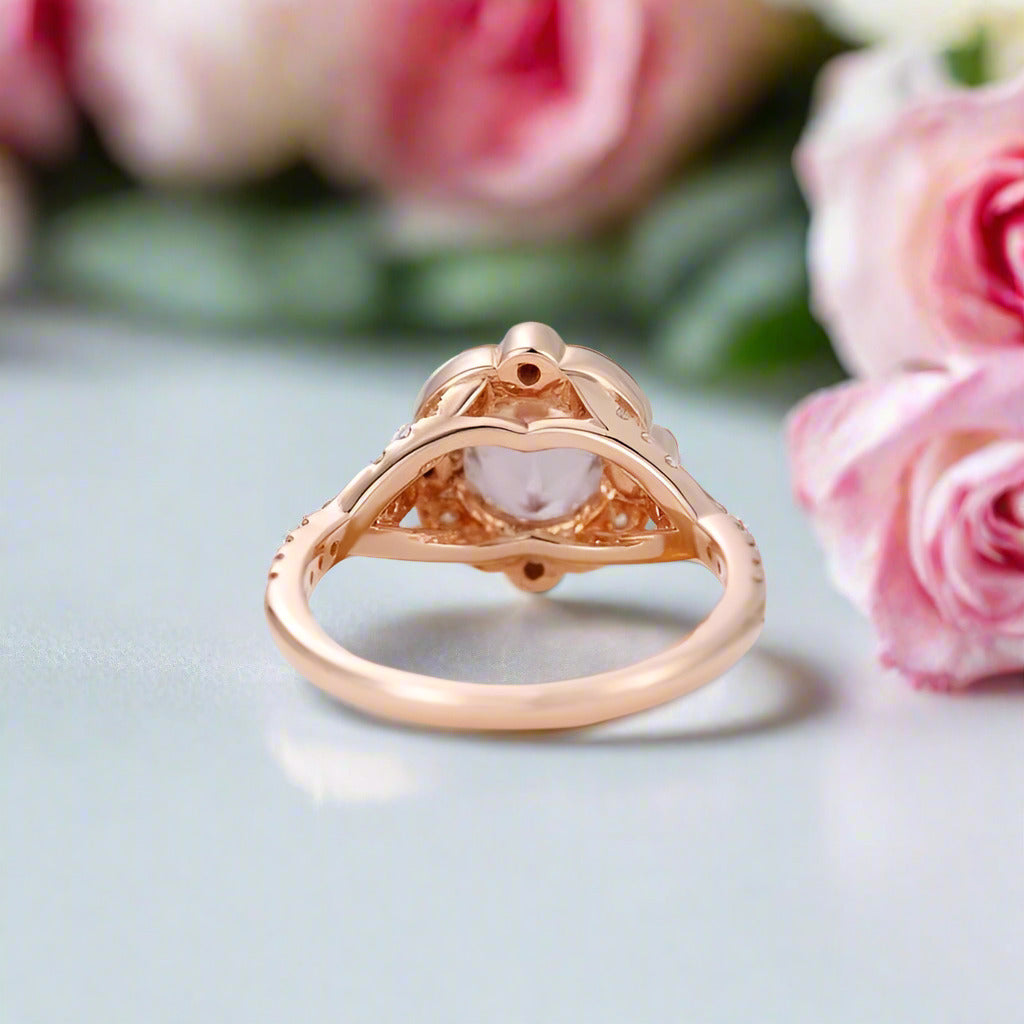 18k Rose Gold Center 6.5mm Morganite Milgrain Halo Engagement-Black Diamonds New York
