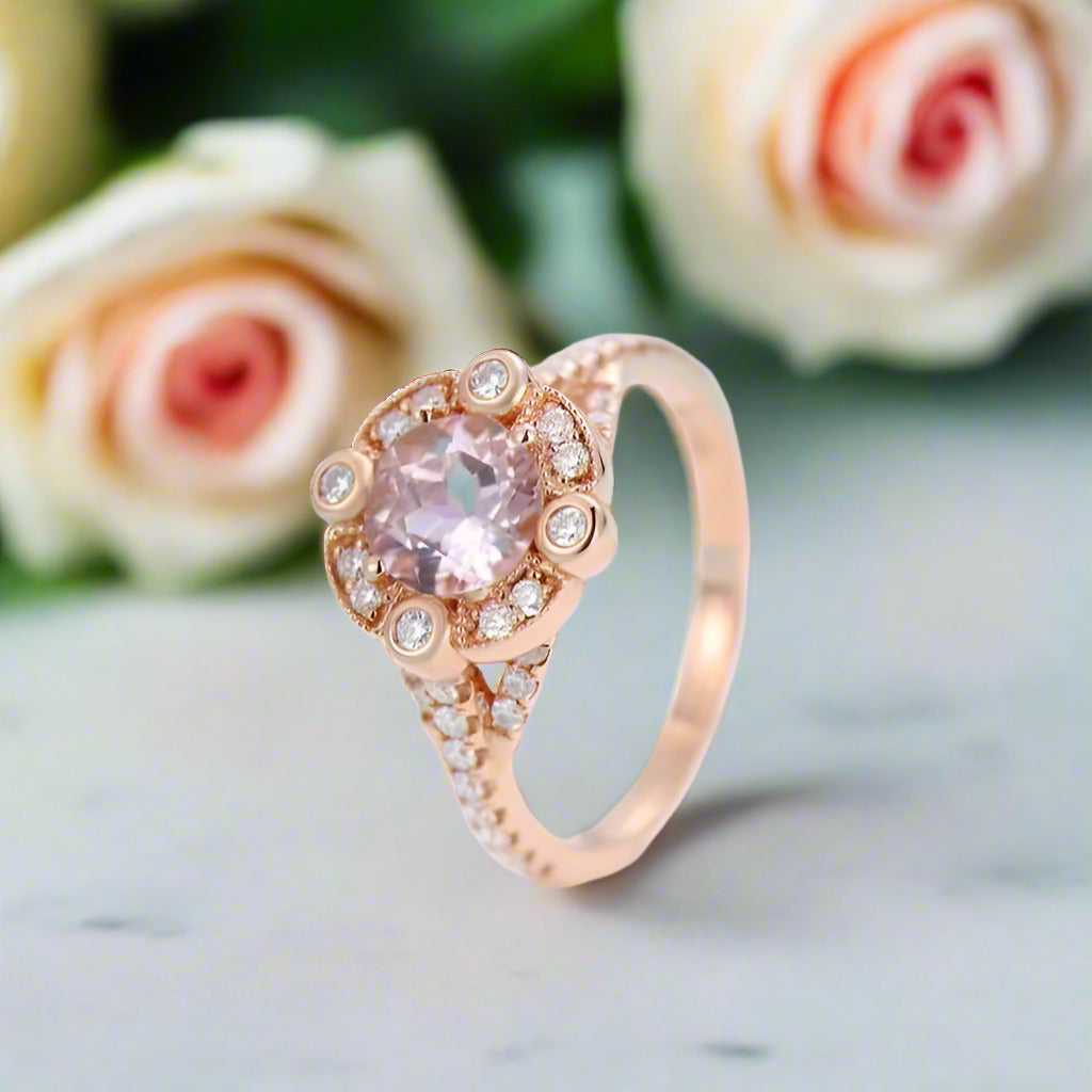 18k Rose Gold Center 6.5mm Morganite Milgrain Halo Engagement-Black Diamonds New York