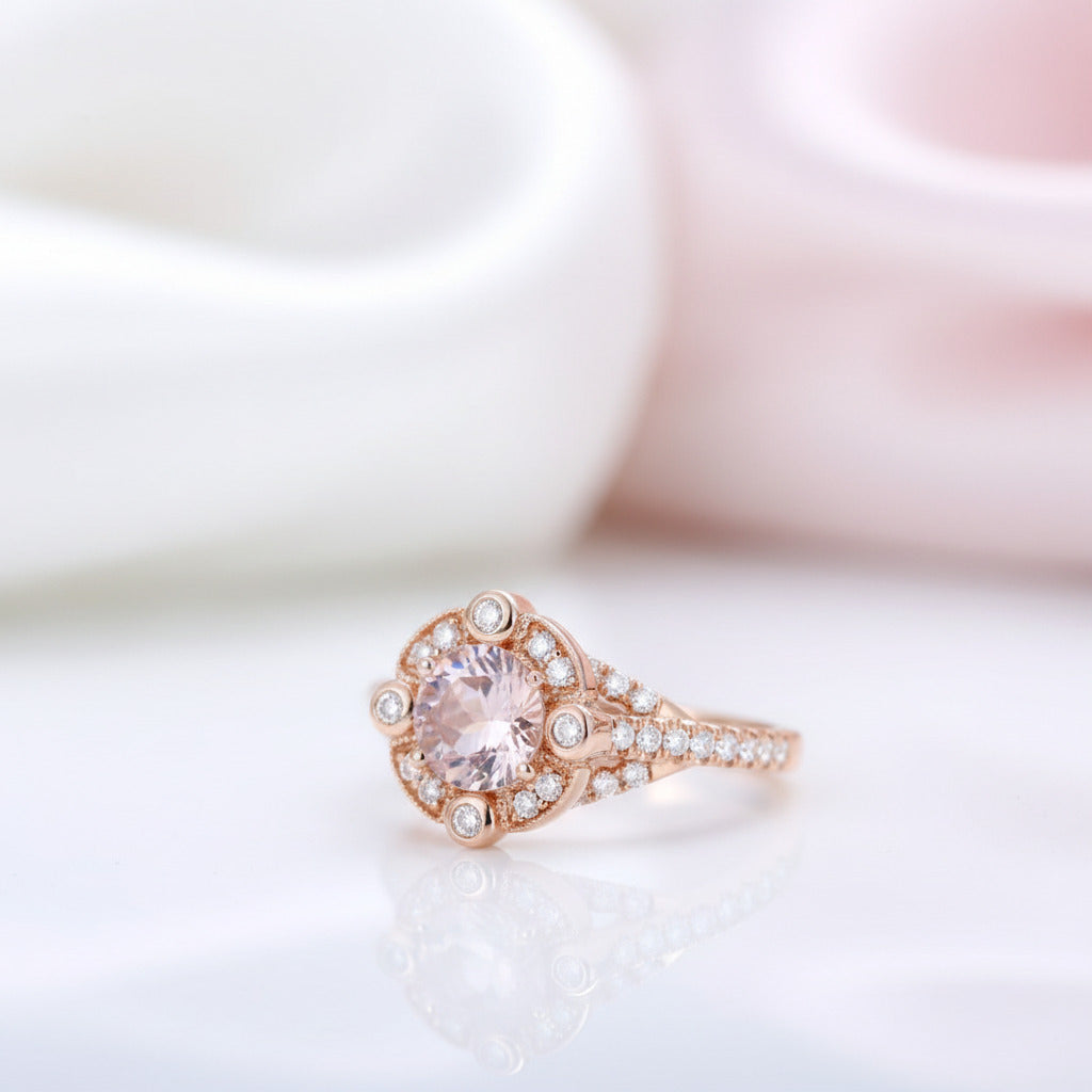 18k Rose Gold Center 6.5mm Morganite Milgrain Halo Engagement-Black Diamonds New York