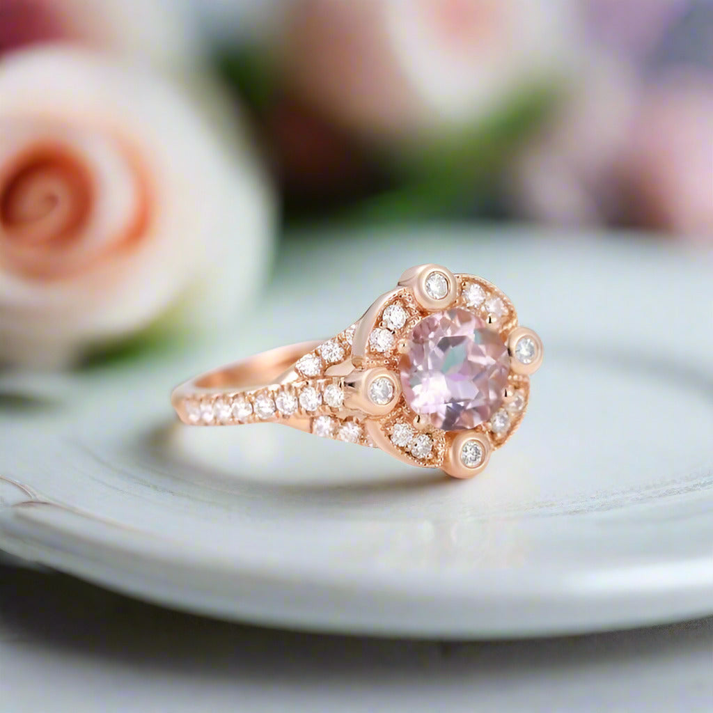 18k Rose Gold Center 6.5mm Morganite Milgrain Halo Engagement-Black Diamonds New York