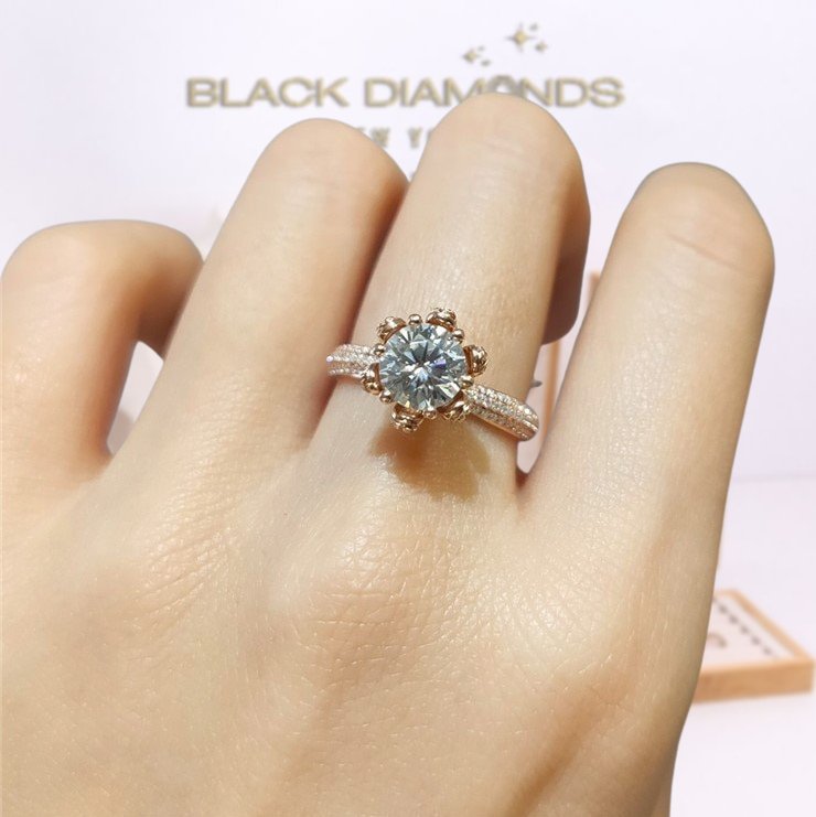 18K Rose Gold Round Cut 1ct Moissanite Ice Snowflake Engagement Ring-Black Diamonds New York