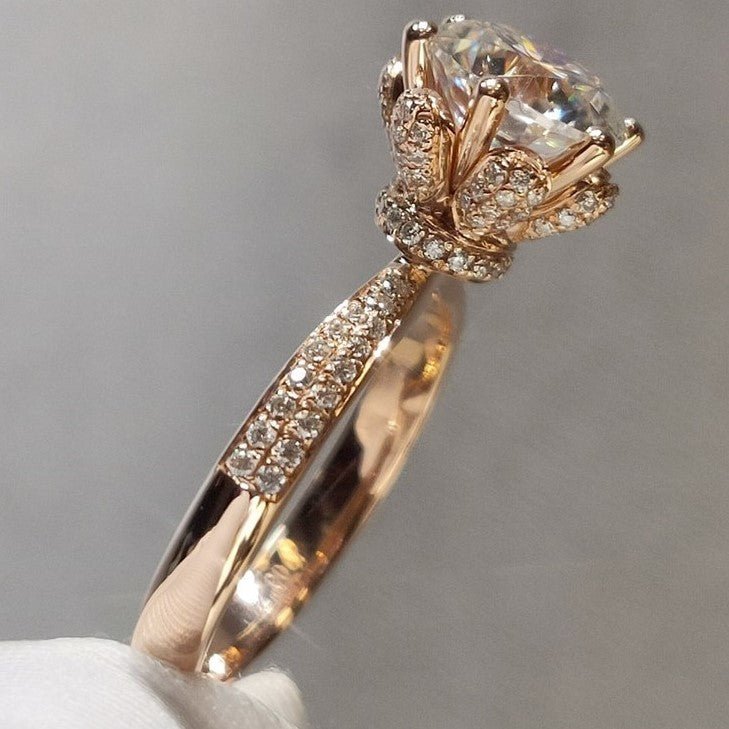 18K Rose Gold Round Cut 2 Carat Moissanite Blossom Engagement Ring-Black Diamonds New York