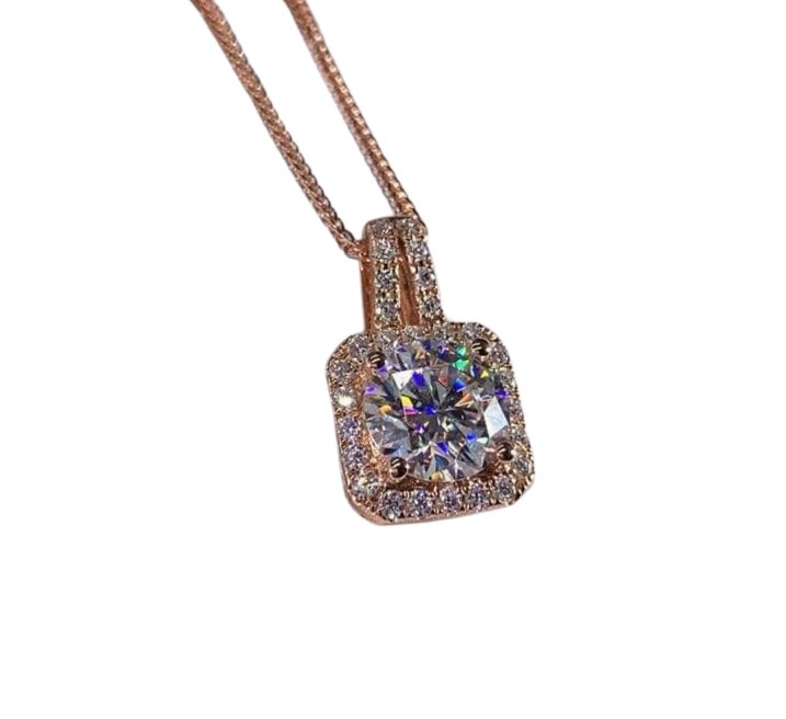 18K Rose Gold Round Moissanite Diamond Necklace - Black Diamonds New York