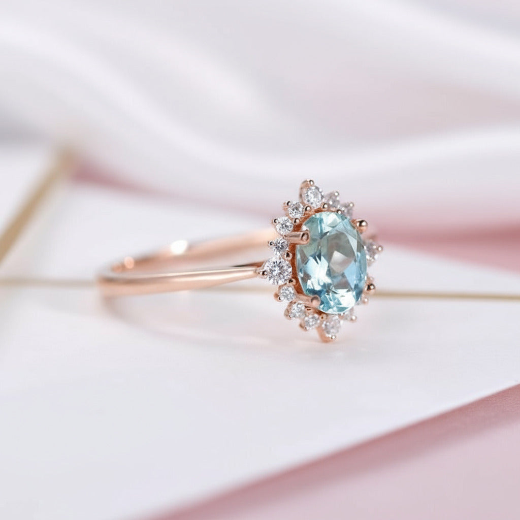18k Rose Gold Sky Blue Topaz Engagement Ring-Black Diamonds New York