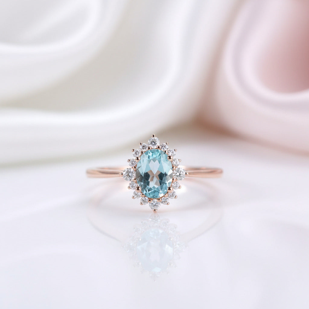 18k Rose Gold Sky Blue Topaz Engagement Ring-Black Diamonds New York