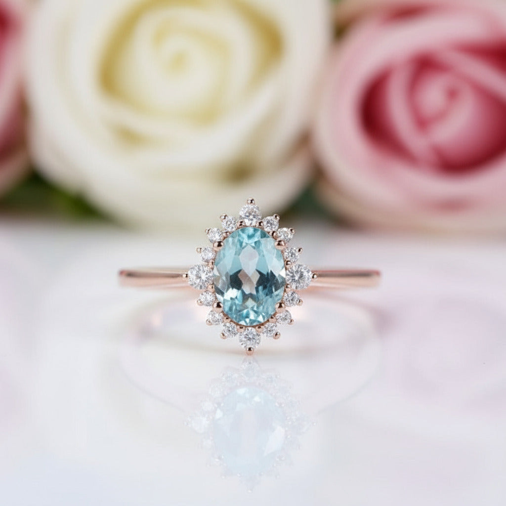 18k Rose Gold Sky Blue Topaz Engagement Ring-Black Diamonds New York