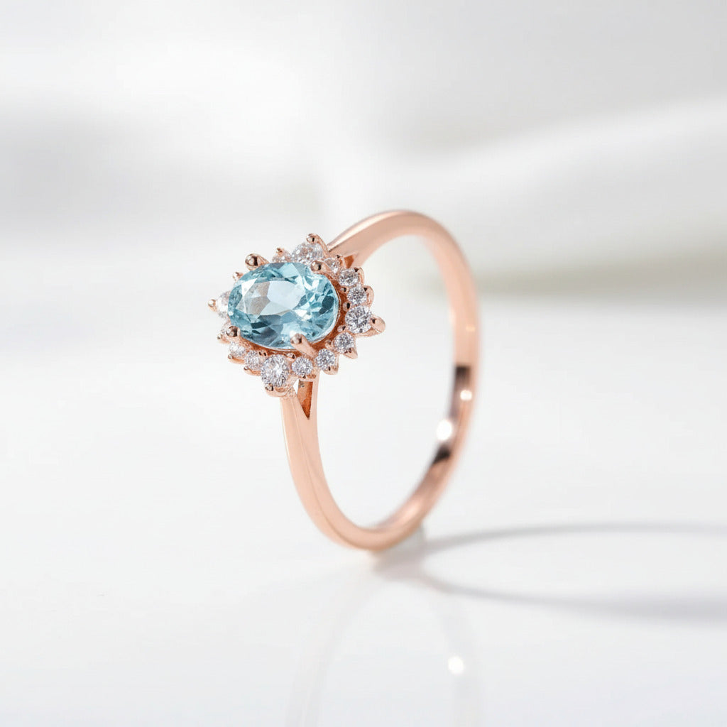 18k Rose Gold Sky Blue Topaz Engagement Ring-Black Diamonds New York