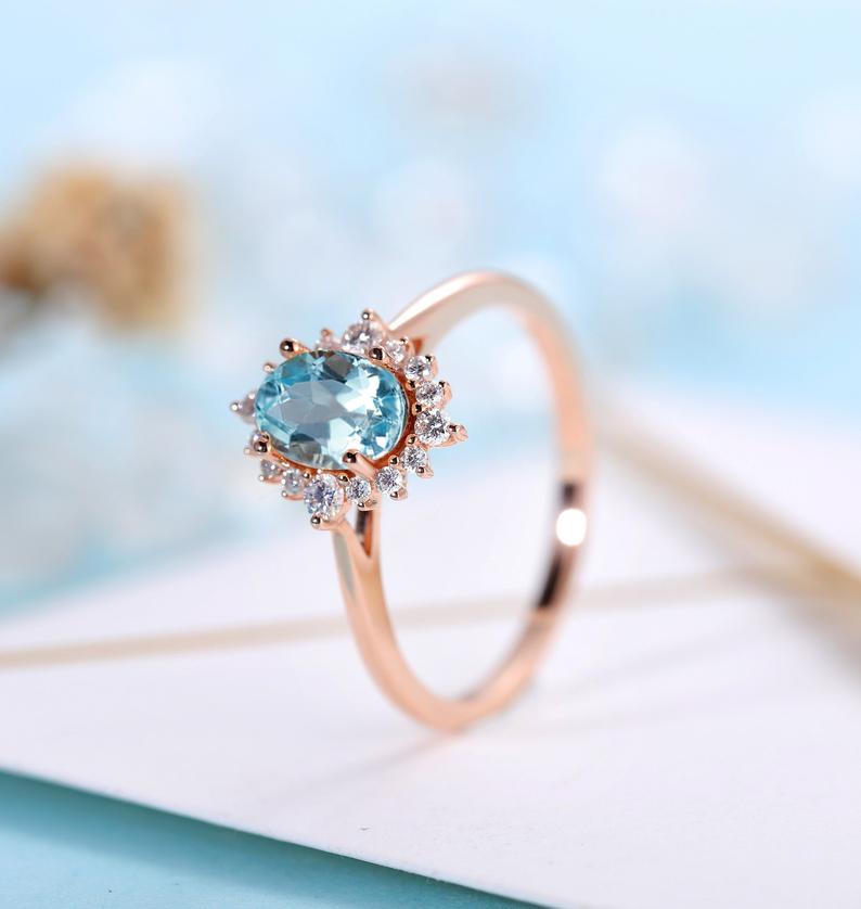 18K Rose Gold Sky Blue Topaz Engagement Ring-Black Diamonds New York