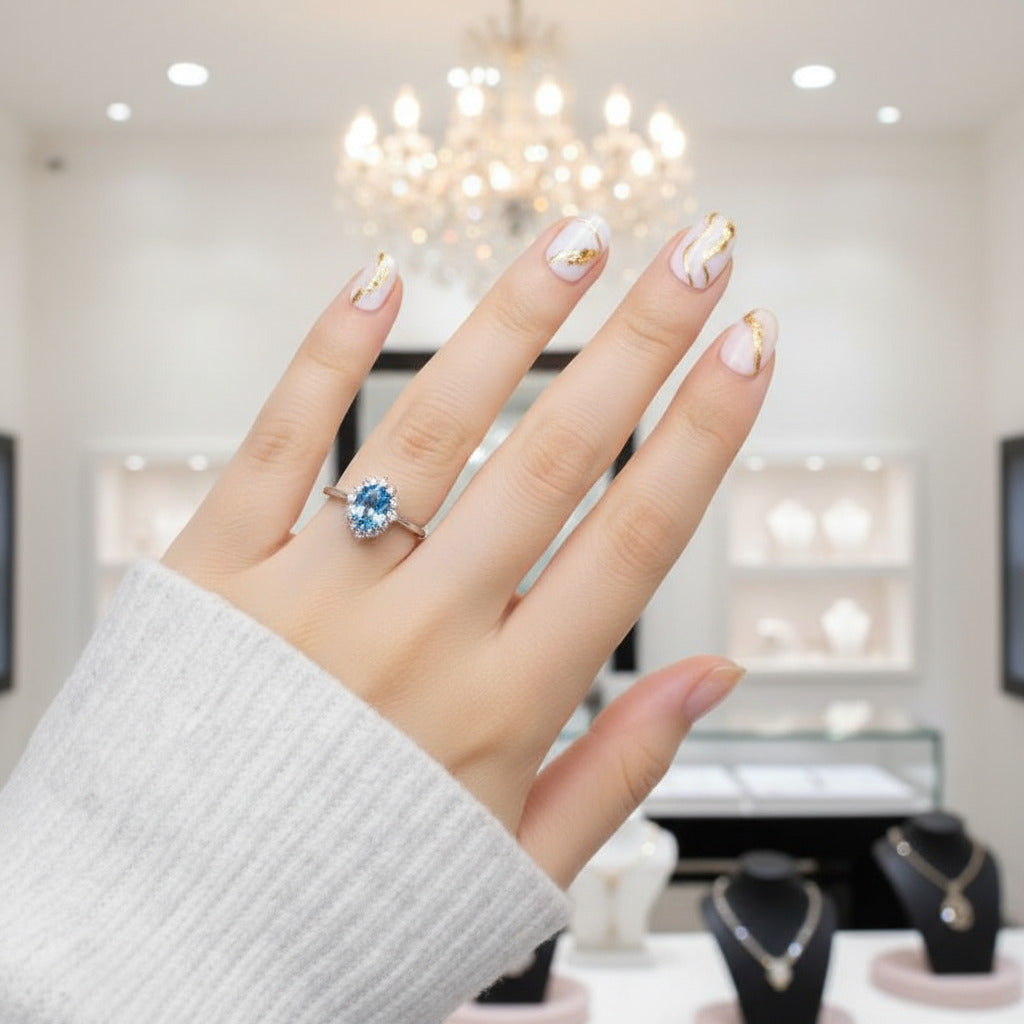 18k Rose Gold Sky Blue Topaz Engagement Ring-Black Diamonds New York