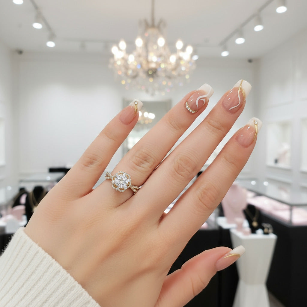 18k Round Cut Diamond Flower Art Deco Engagement Ring-Black Diamonds New York