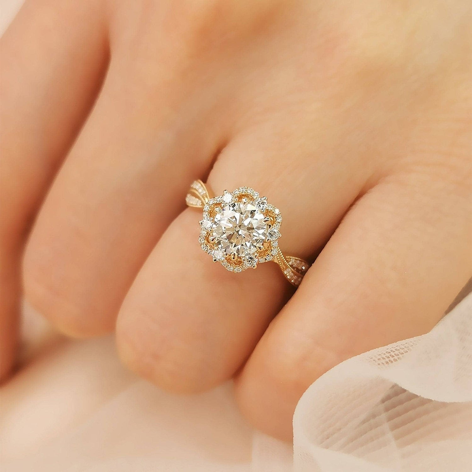 18k Round Cut Moissanite Flower Art Deco Engagement Ring-Black Diamonds New York