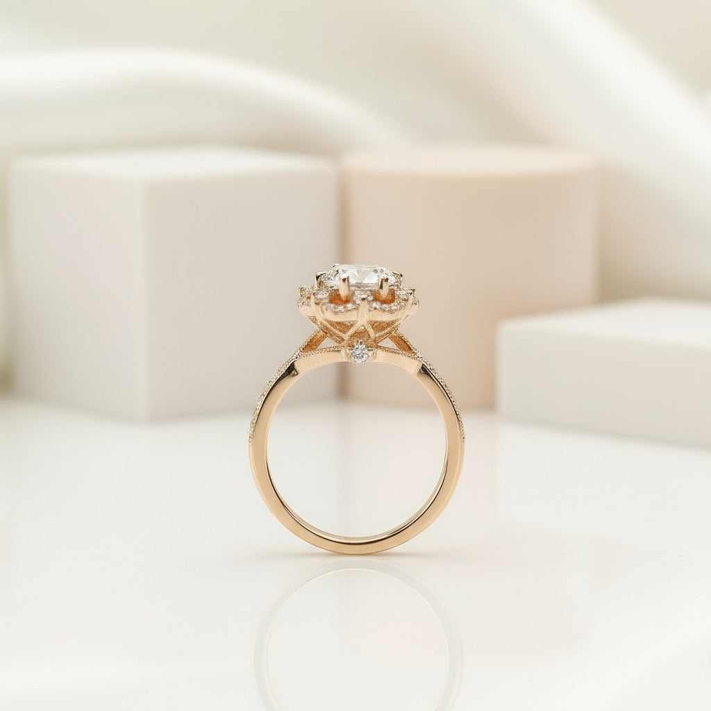 18k Round Cut Diamond Flower Art Deco Engagement Ring-Black Diamonds New York