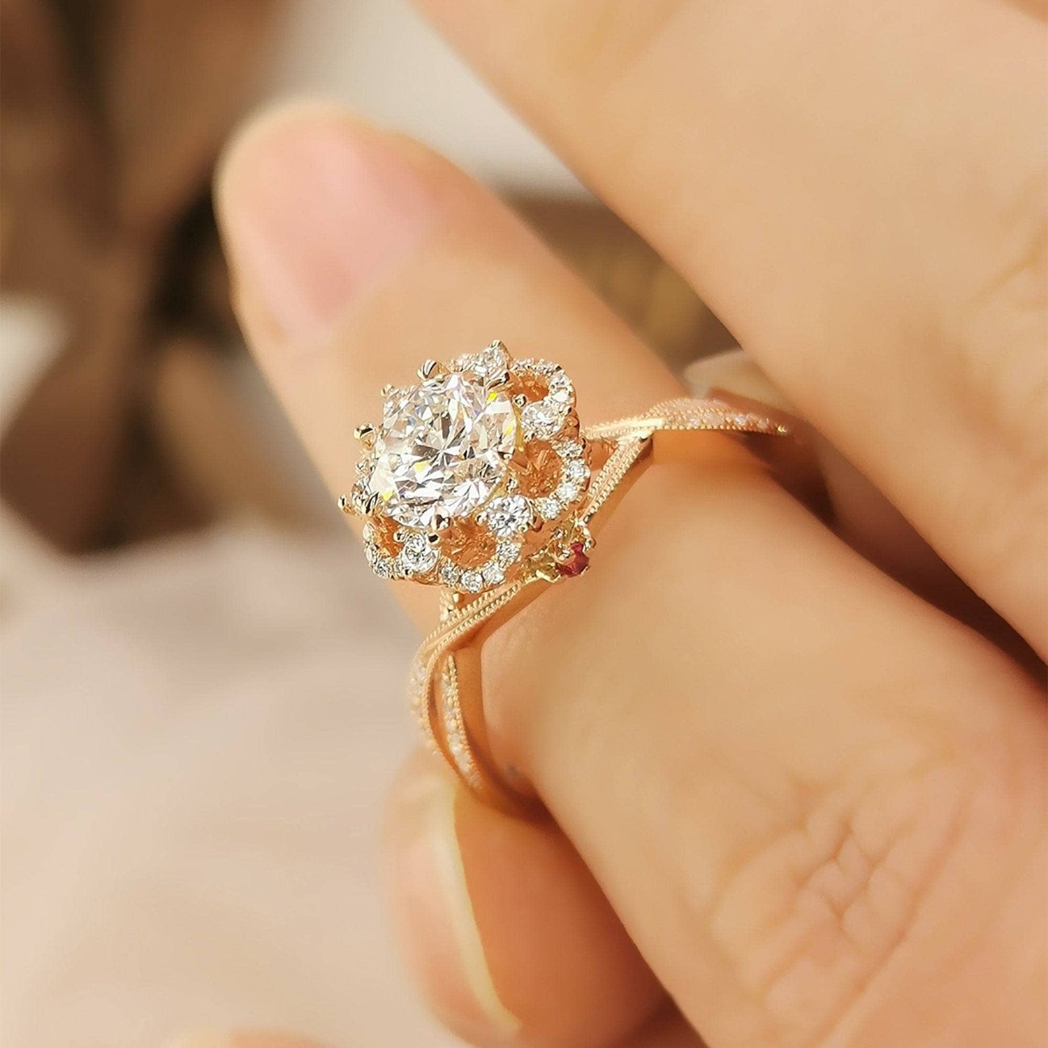 18k Round Cut Moissanite Flower Art Deco Engagement Ring-Black Diamonds New York