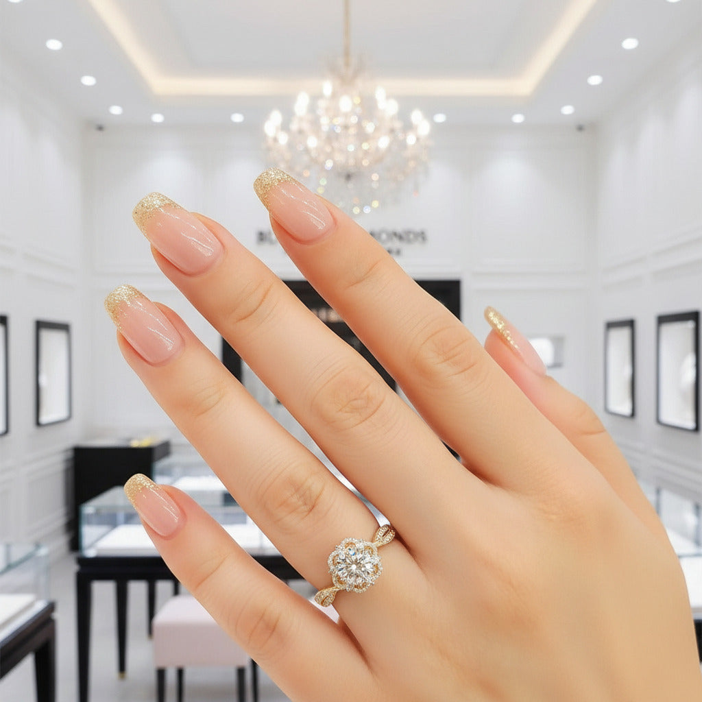 18k Round Cut Diamond Flower Art Deco Engagement Ring-Black Diamonds New York