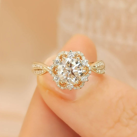Round Cut Moissanite Flower Art Deco Engagement Ring - Black Diamonds New York