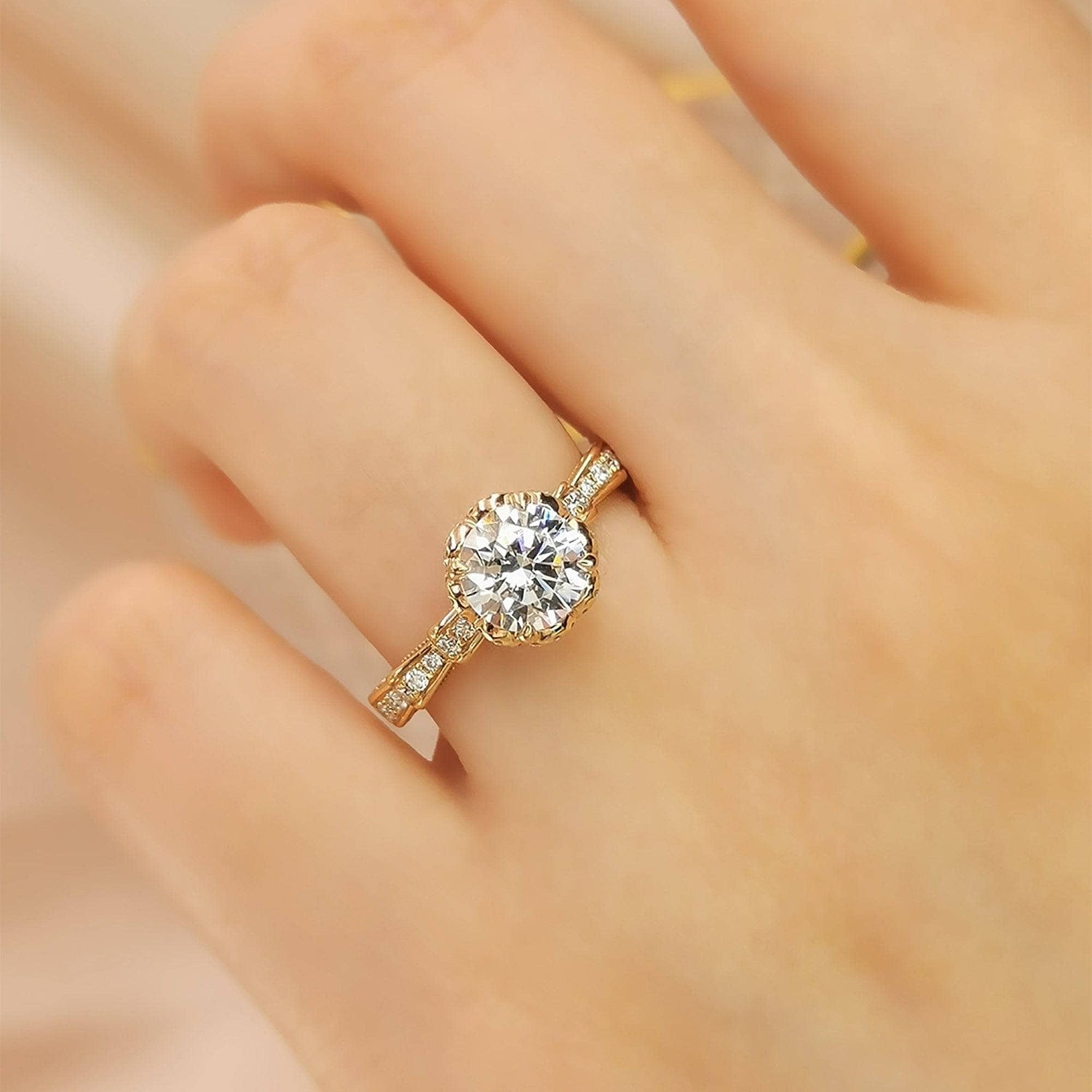 18k Round Cut Moissanite Vintage Art Deco Engagement Ring-Black Diamonds New York