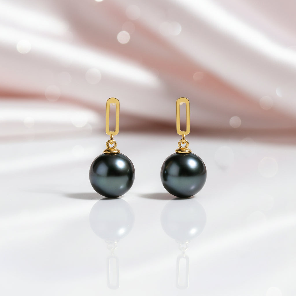 18k Solid Gold Tahitian Black Pearl Drop Earrings-Black Diamonds New York