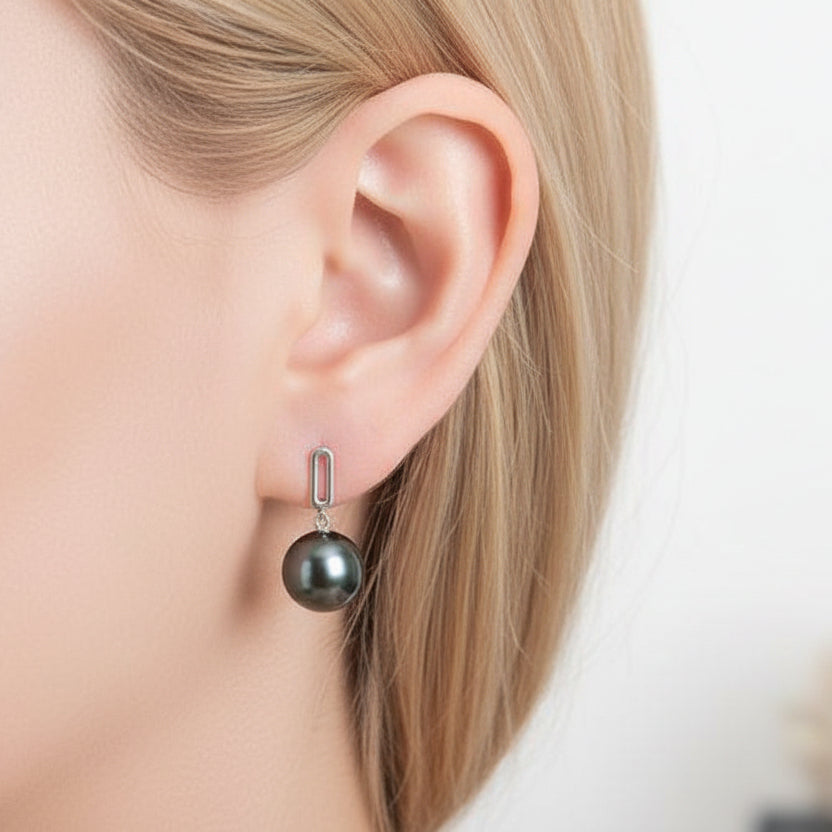 18k Solid Gold Tahitian Black Pearl Drop Earrings-Black Diamonds New York