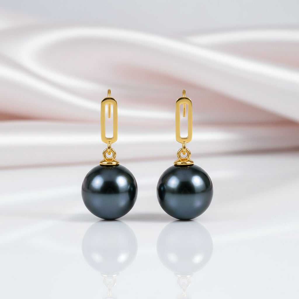 18k Solid Gold Tahitian Black Pearl Drop Earrings-Black Diamonds New York