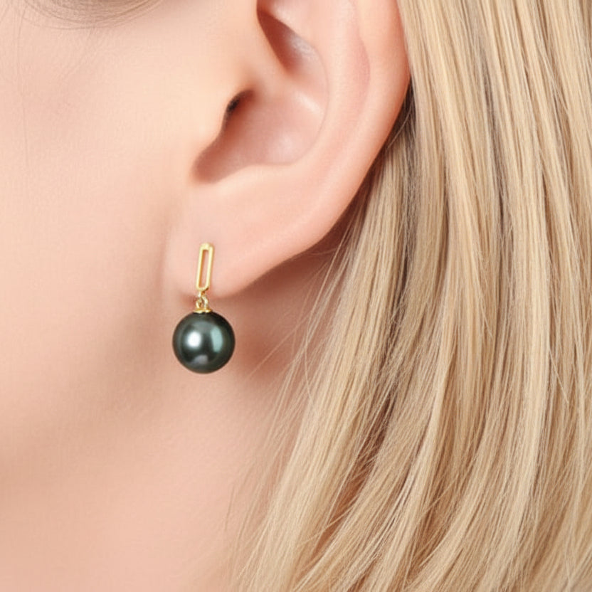 18k Solid Gold Tahitian Black Pearl Drop Earrings-Black Diamonds New York