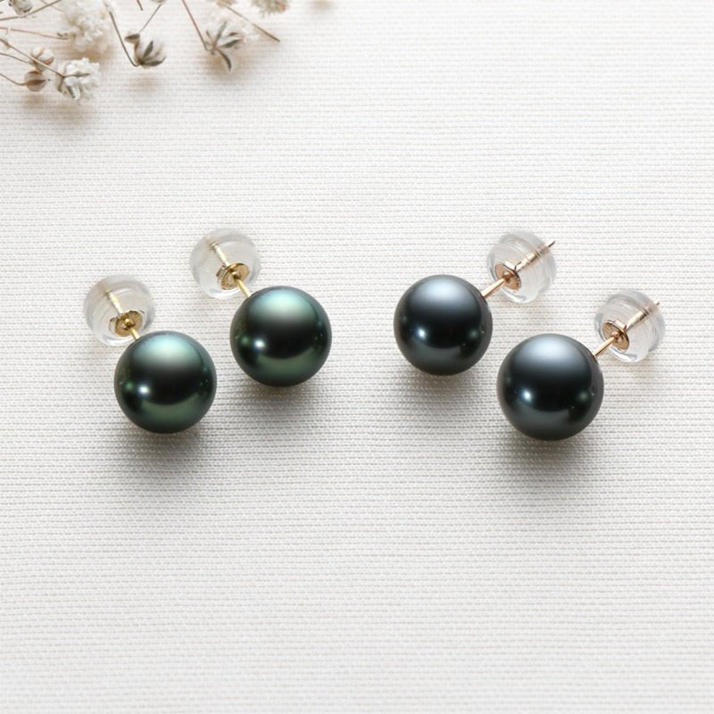 18K Solid Gold Tahitian Black Pearl Earrings-Black Diamonds New York