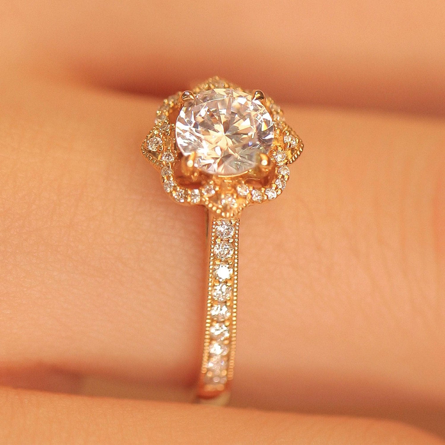18k Vintage Art Deco Round Cut Moissanite Halo Engagement Ring-Black Diamonds New York