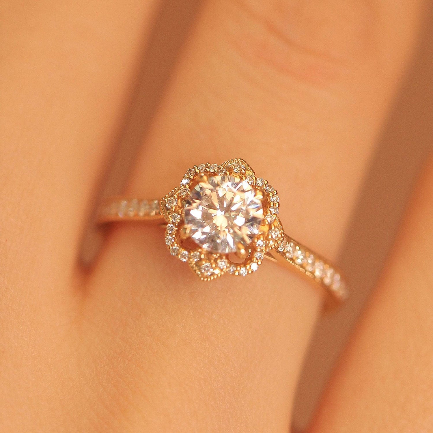 18k Vintage Art Deco Round Cut Moissanite Halo Engagement Ring-Black Diamonds New York