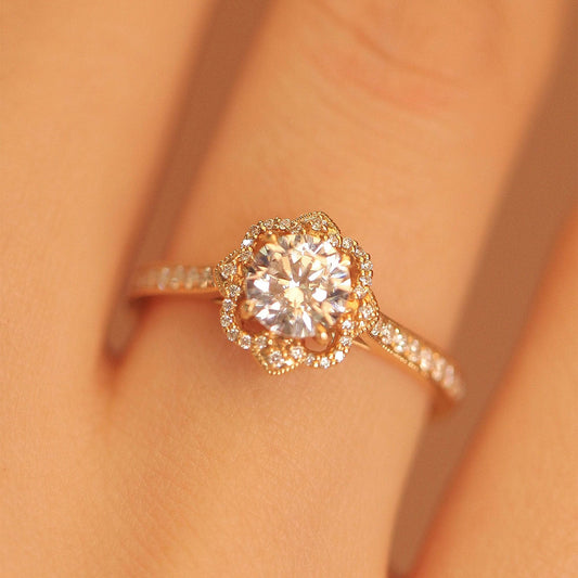 18k Vintage Art Deco Round Cut Diamond Halo Engagement Ring-Black Diamonds New York