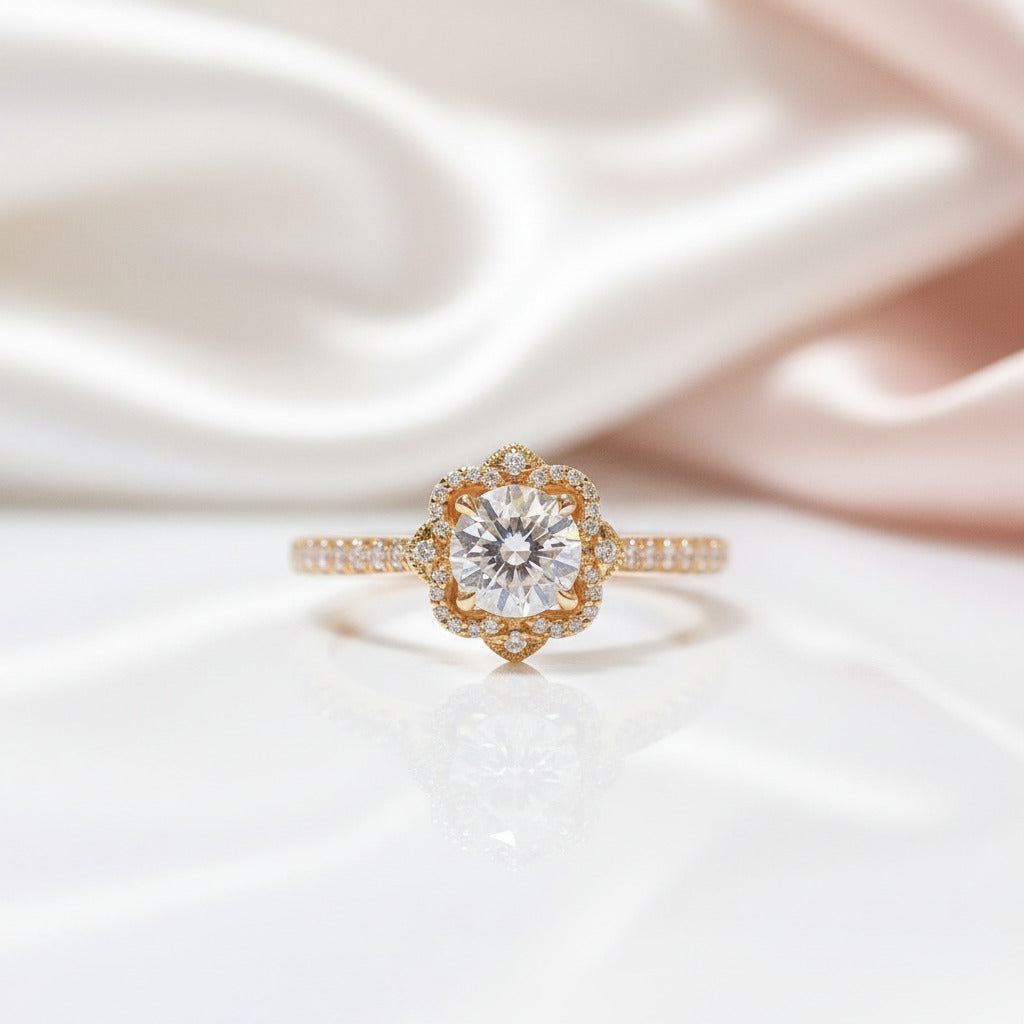 18k Vintage Art Deco Round Cut Diamond Option Halo Engagement Ring-Black Diamonds New York
