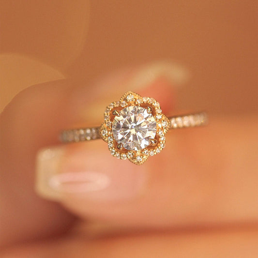 18k Vintage Art Deco Round Cut Diamond Halo Engagement Ring-Black Diamonds New York