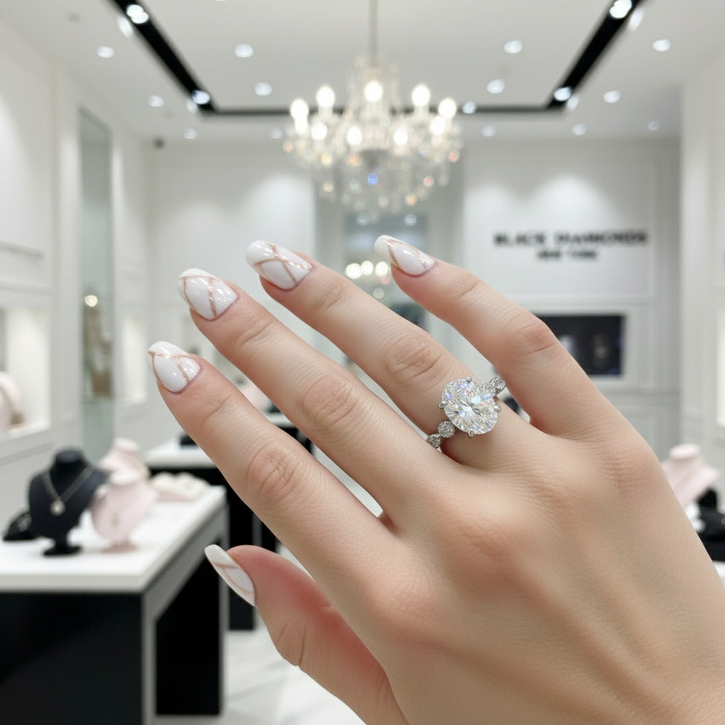 18k Vintage Oval Cut Diamond Solid Gold Engagement Ring-Black Diamonds New York