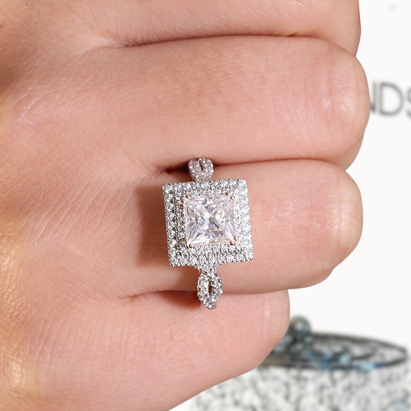 18K White and Rose Gold 2.5ct Princess Moissanite Halo Engagement Ring-Black Diamonds New York