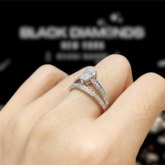 18K White Gold 1 Carat Pear Cut Moissanite Water Drop Engagement Ring - Black Diamonds New York