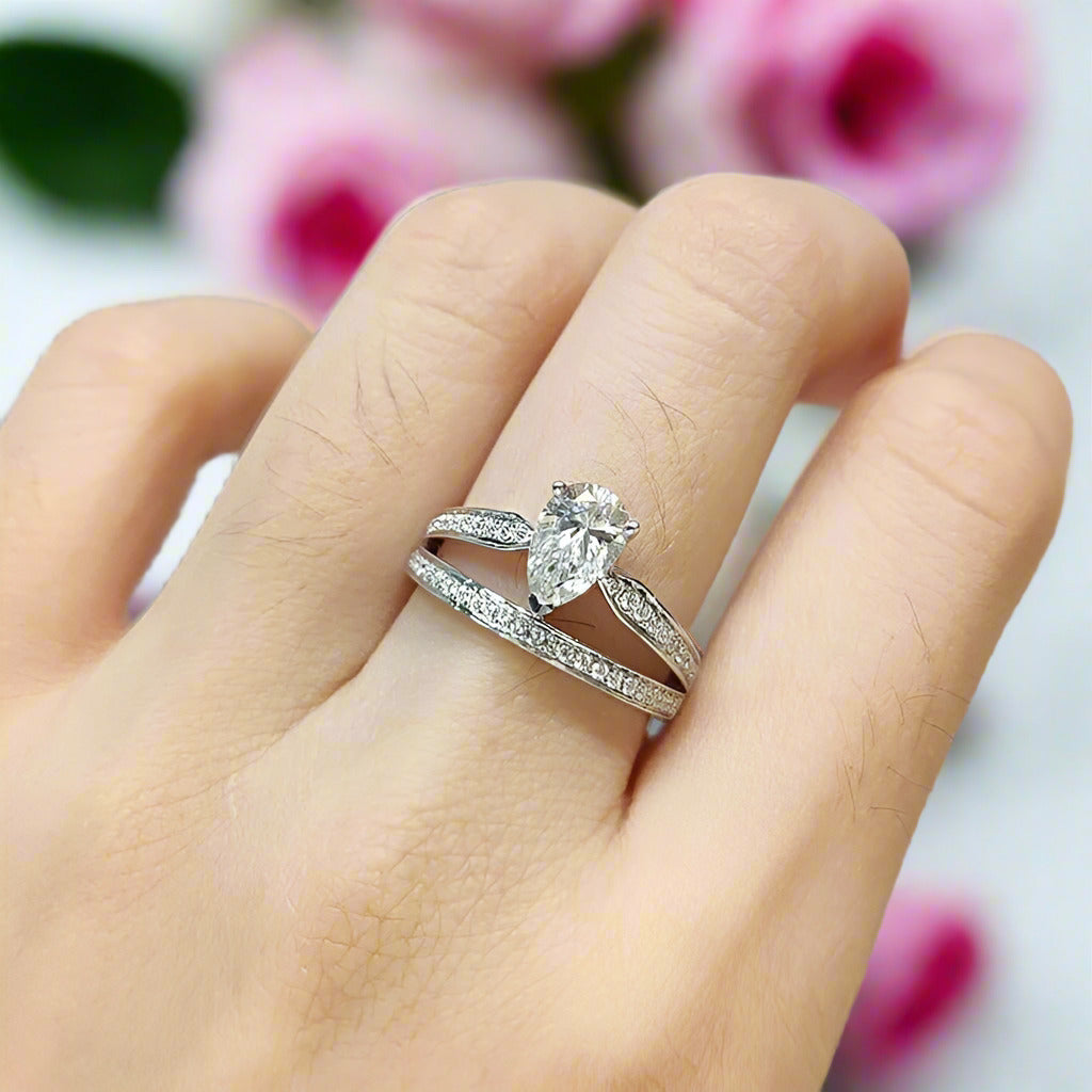 18K White Gold 1.0ct Pear Cut Diamond Water Drop Engagement Ring-Black Diamonds New York