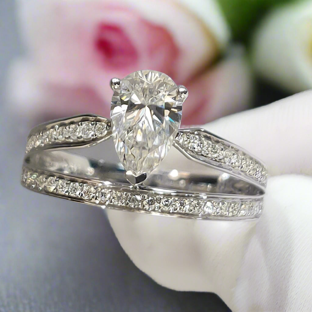 18K White Gold 1.0ct Pear Cut Diamond Water Drop Engagement Ring-Black Diamonds New York