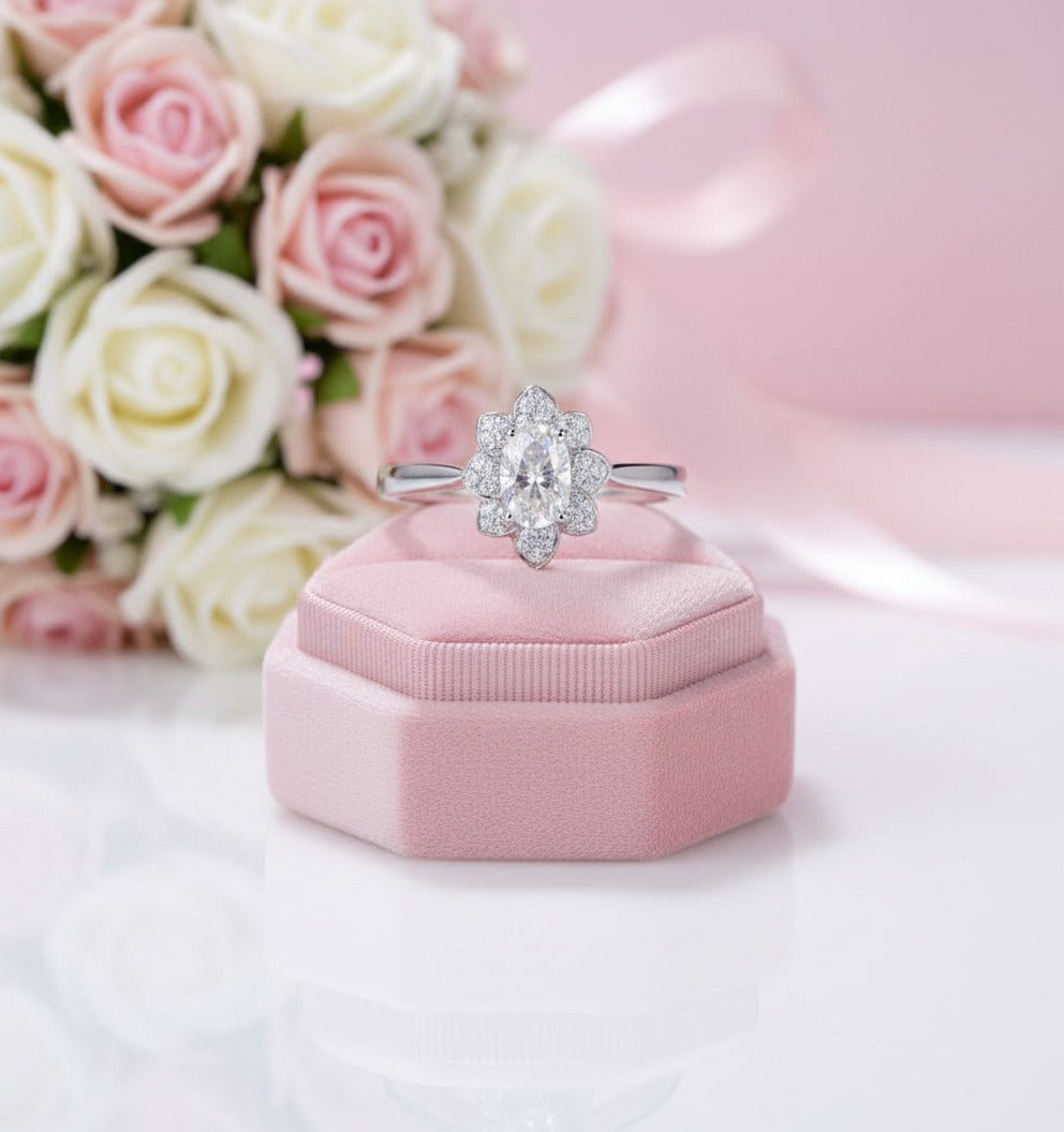 18k White Gold 1ct 5*7mm Oval Cut Diamond Option Lotus Shaped Engagement Ring-Black Diamonds New York