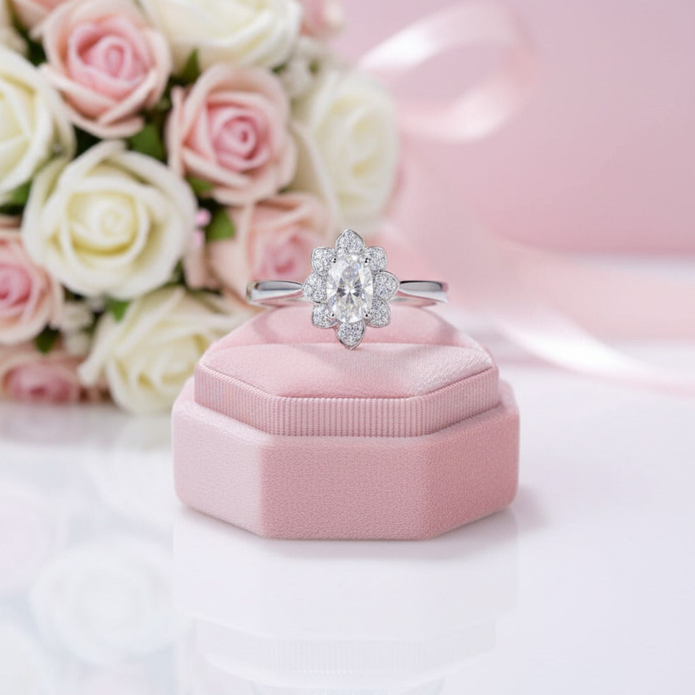 18k White Gold 1ct 5*7mm Oval Cut Diamond Lotus Shaped Engagement Ring-Black Diamonds New York