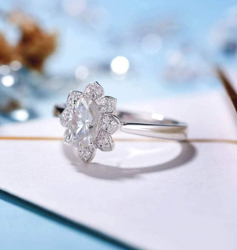 18k White Gold 1ct 5*7mm Oval Cut Moissanite Lotus Shaped Engagement Ring-Black Diamonds New York