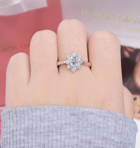 18k White Gold 1ct 5*7mm Oval Cut Moissanite Lotus Shaped Engagement Ring-Black Diamonds New York