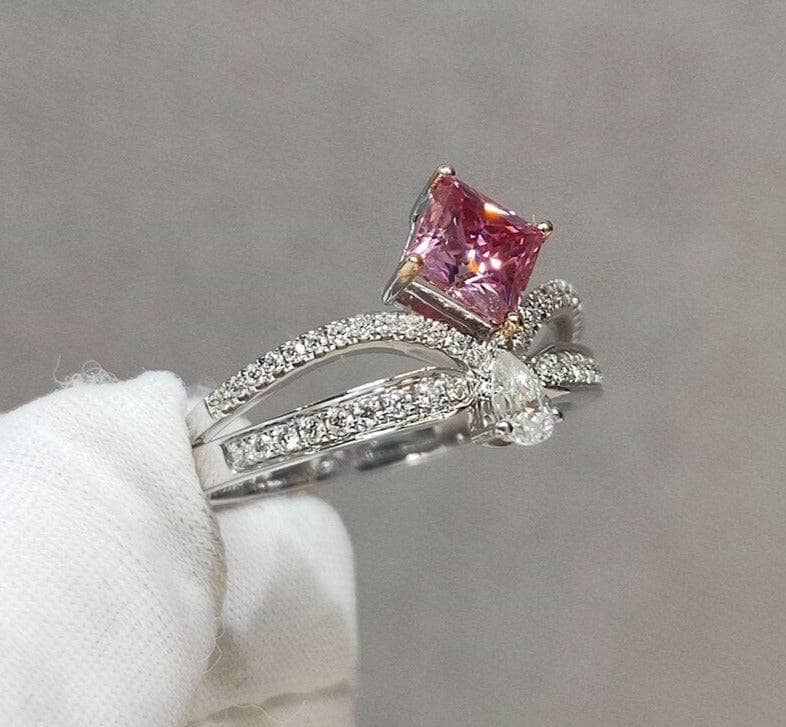 18K White Gold 1ct Moissanite Square Pink Crown Engagement Ring - Black Diamonds New York