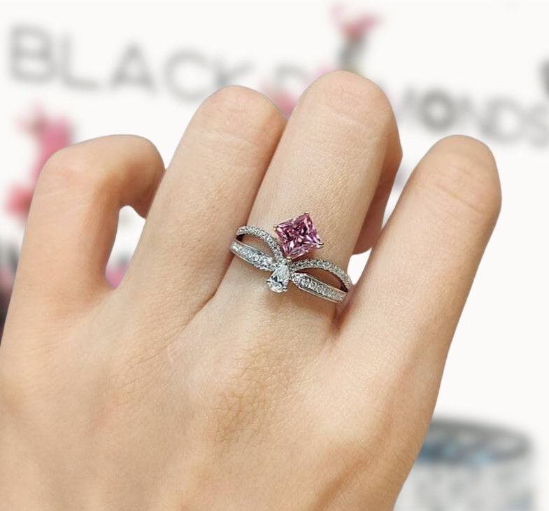 18K White Gold 1ct Princess Cut Pink Moissanite Crown Engagement Ring - Black Diamonds New York